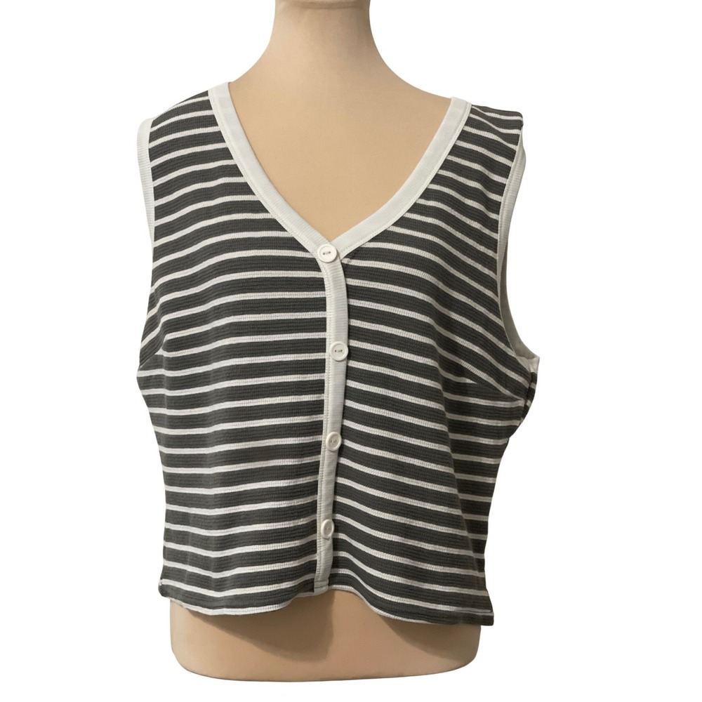 Julia by Love J Striped Button Front Vest‎ 3X Grey White Ribbed  Cardigan Preppy